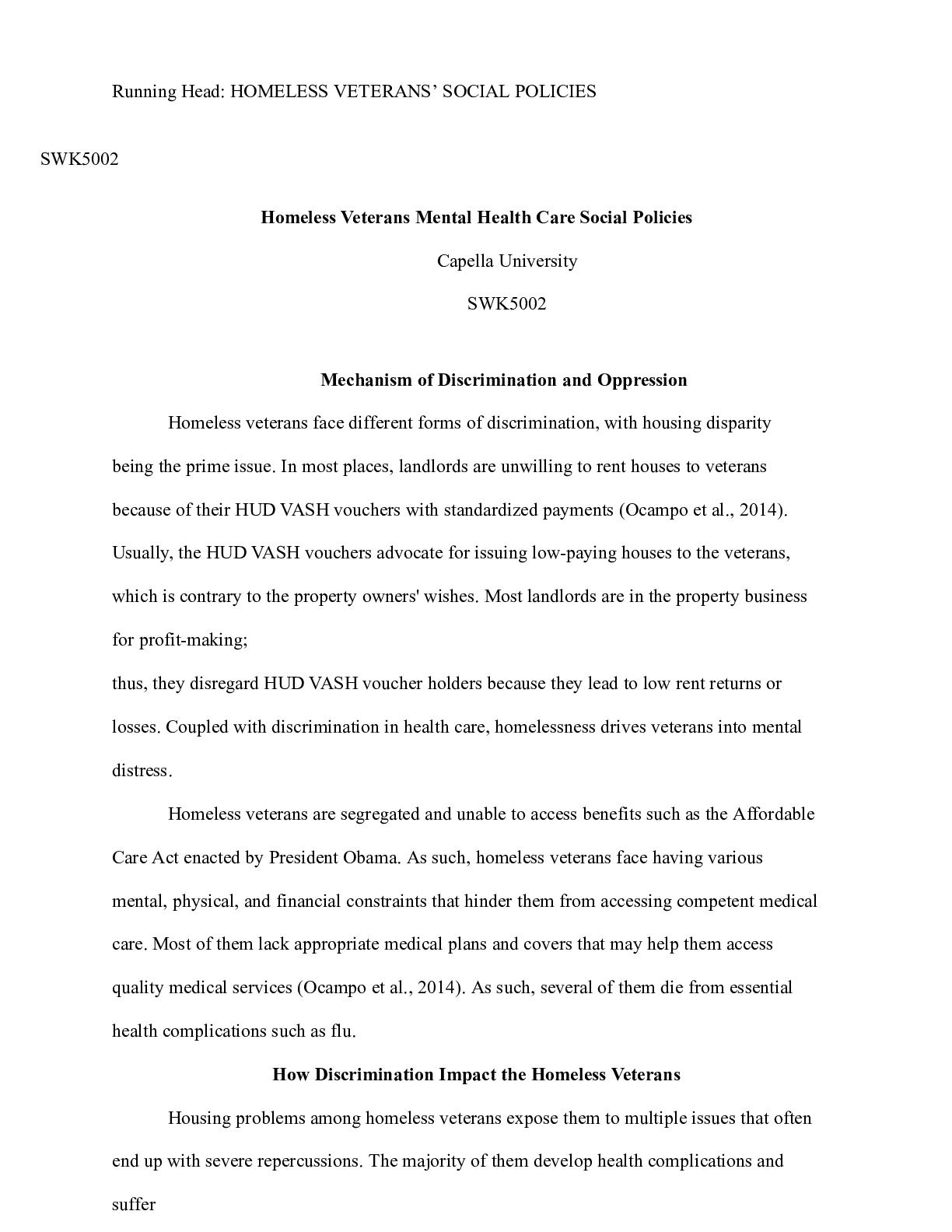 Homeless Veterans 1 .docx Running Head HOMELESS VETERANS™ SOCIAL